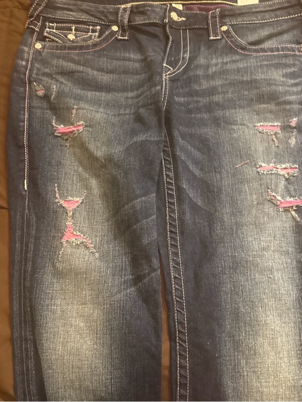 True Religion Dark Wash Bootcut Jeans with Pink Underlay
